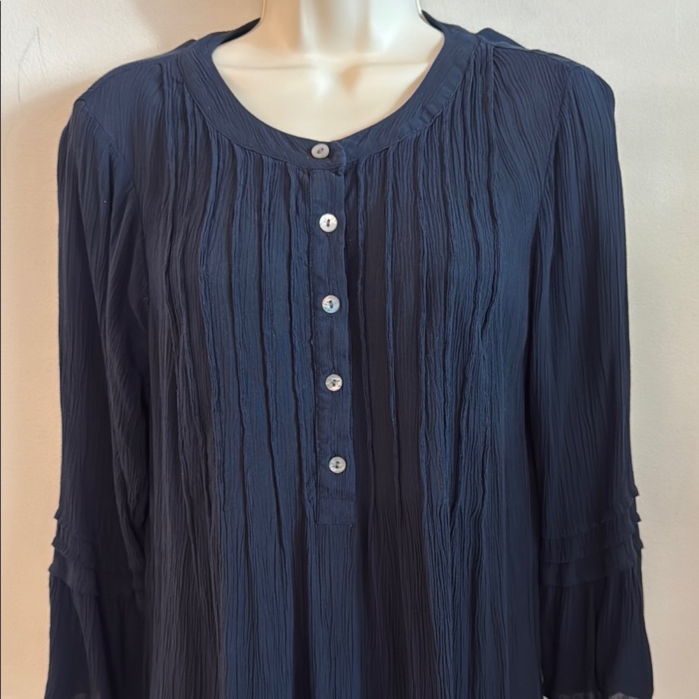 J. Jill Navy Pleated Button-Front Peasant Boho Cottage Blouse Flutter Sleeves S